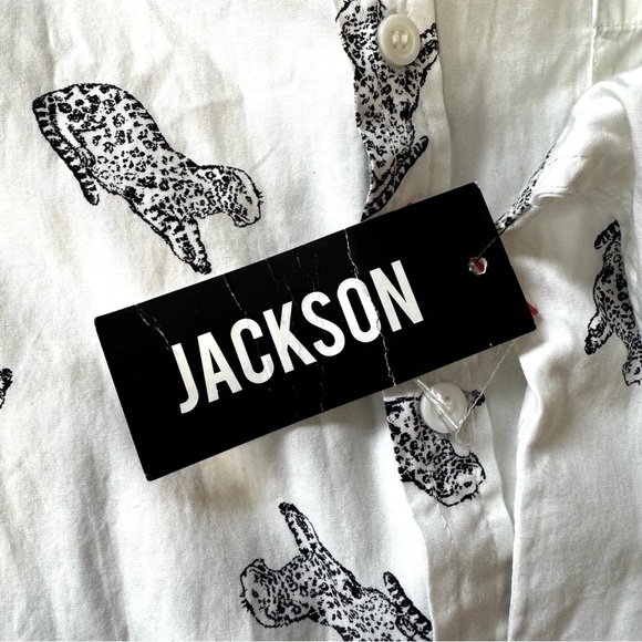 NWT JACKSON White And Black Cheetah Leopard Graphic Men's Poplin Button Up Sz L - Picture 8 of 15
